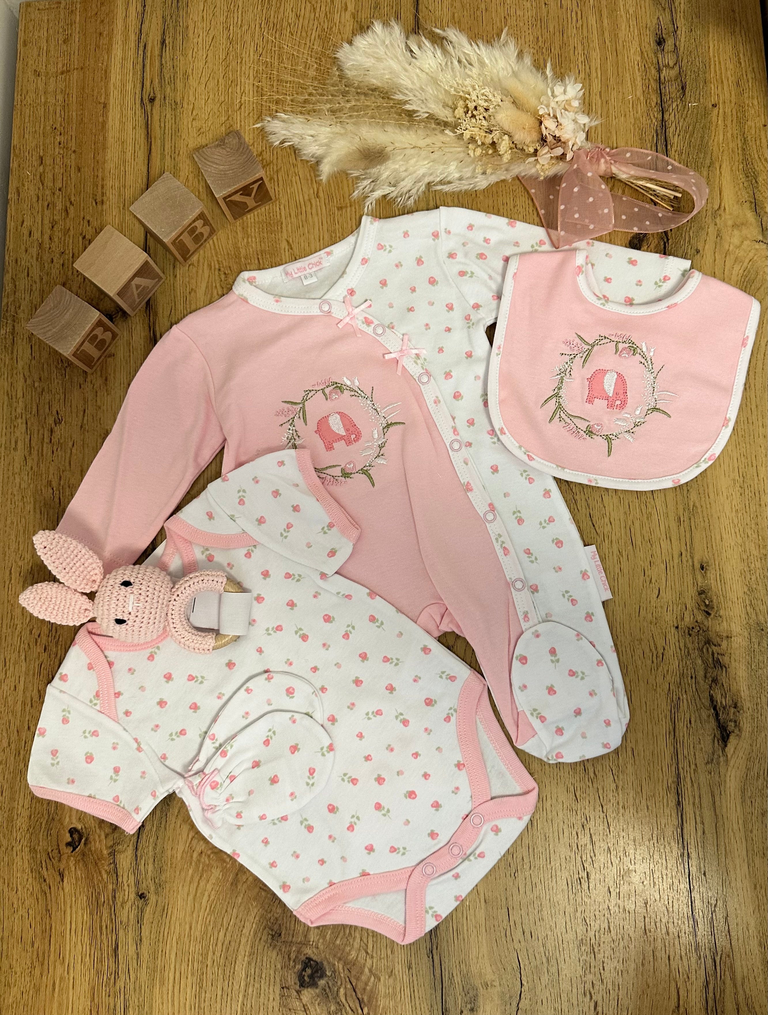 Baby Girl Elephant Embroidered Babygrow & Bib Set