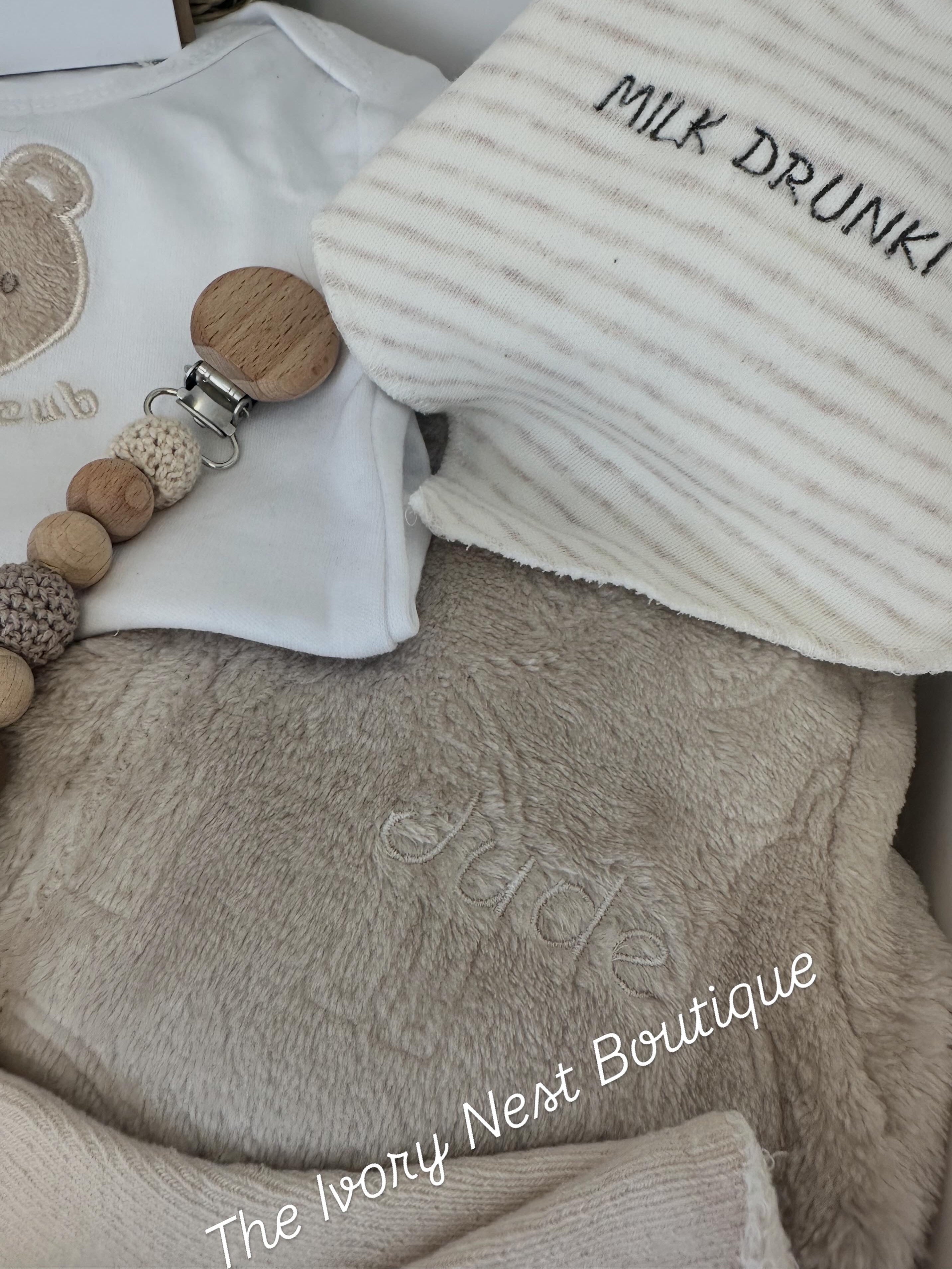 The Ivory Nest Embroidery Personalised Bath robe & Bib with Name & Birth Details Keepsake Gift Box-Christenings, New Born arrival & Baby showers