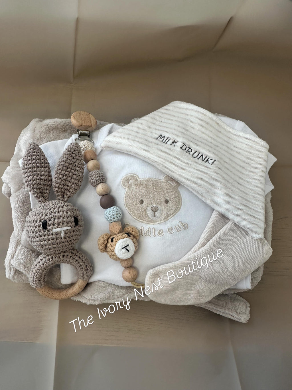 The Ivory Nest Embroidery Personalised Bath robe & Bib with Name & Birth Details Keepsake Gift Box-Christenings, New Born arrival & Baby showers