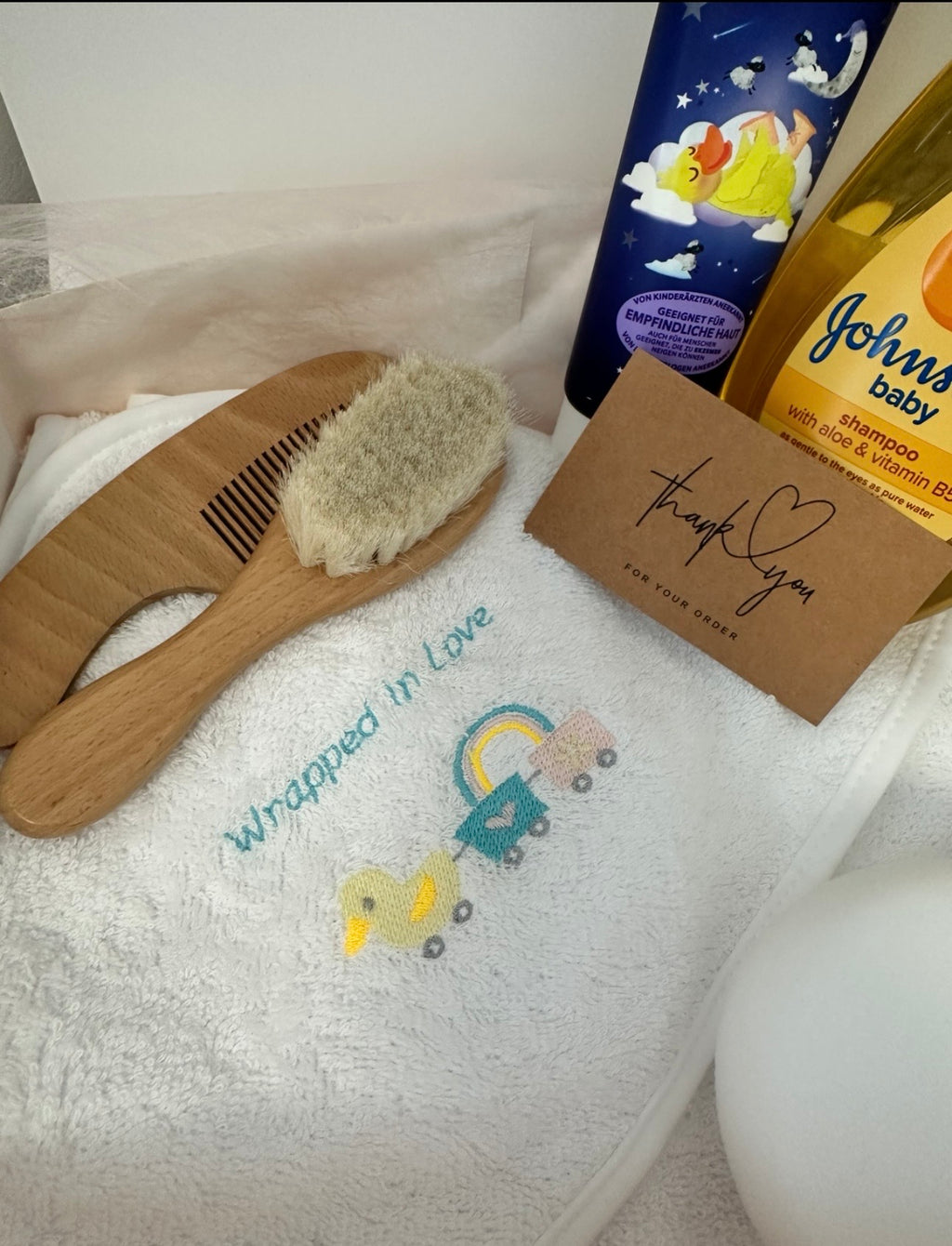 Baby Personalised Bathtime Gift Set Including Hooded Bath towel with embroidery & Bath time essentials