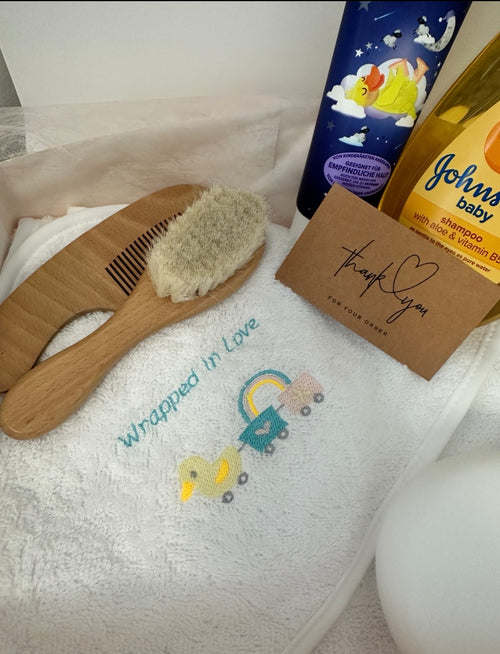 Baby Personalised Bathtime Gift Set Including Hooded Bath towel with embroidery & Bath time essentials