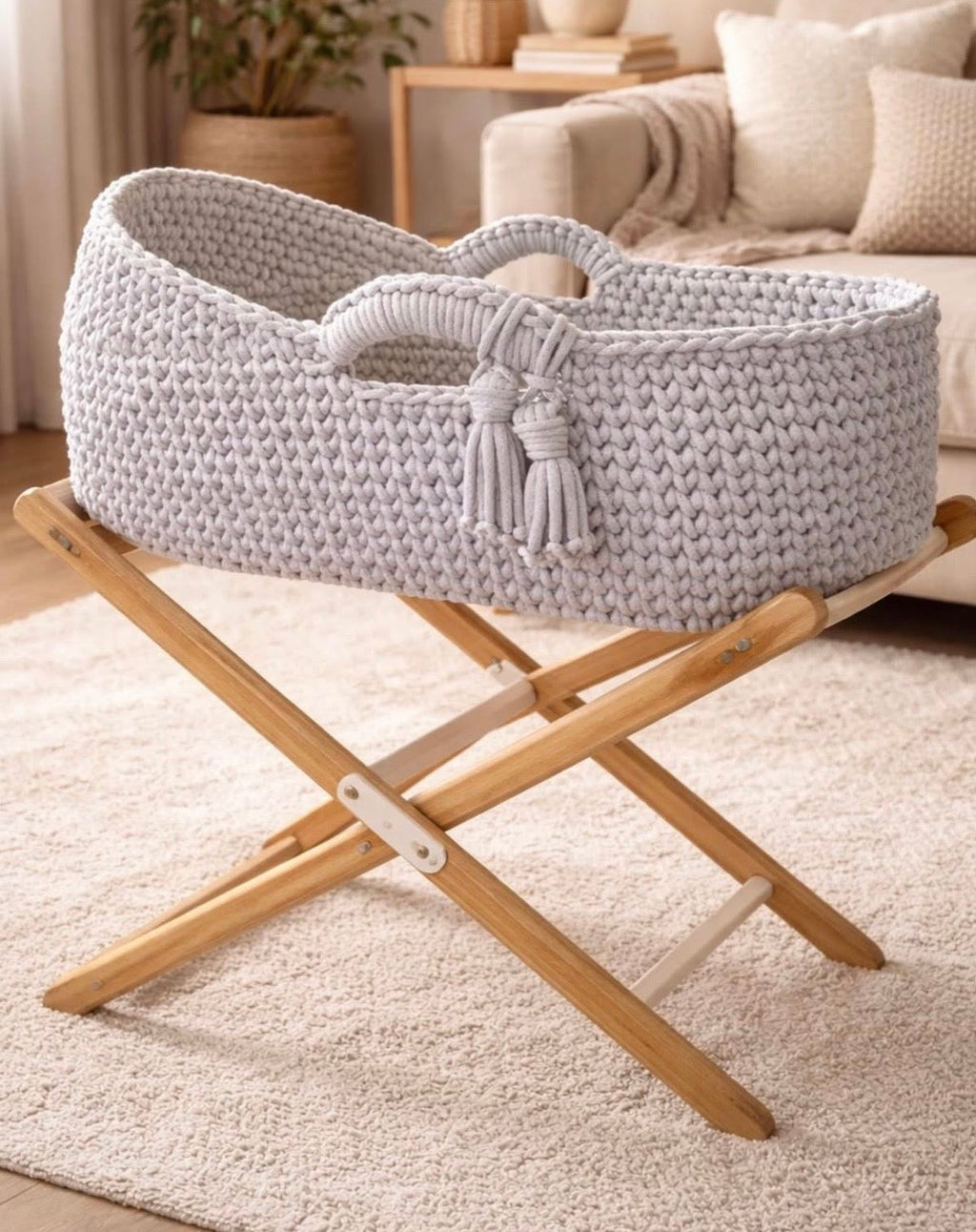 Nursery Essentials -Handcrafted Crochet Moses Basket Set — With Mattress & Stand-Made to order