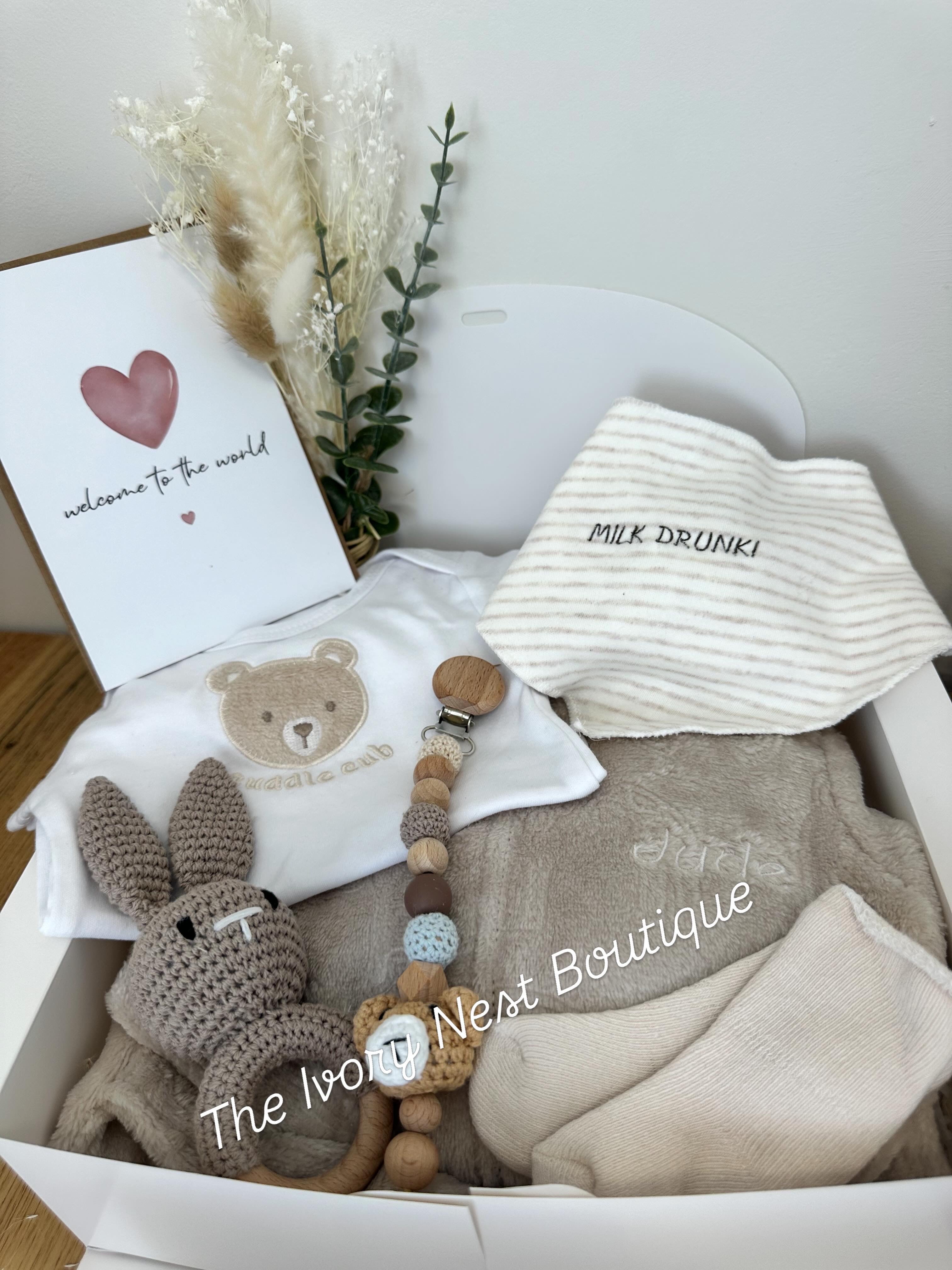 The Ivory Nest Embroidery Personalised Bath robe & Bib with Name & Birth Details Keepsake Gift Box-Christenings, New Born arrival & Baby showers