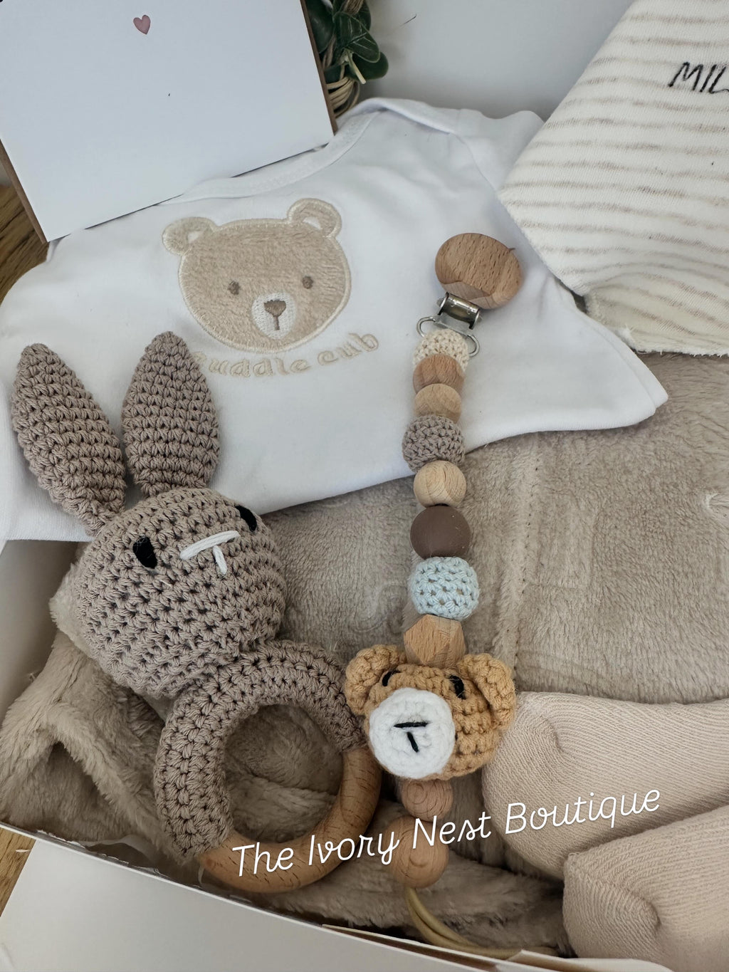 The Ivory Nest Embroidery Personalised Bath robe & Bib with Name & Birth Details Keepsake Gift Box-Christenings, New Born arrival & Baby showers