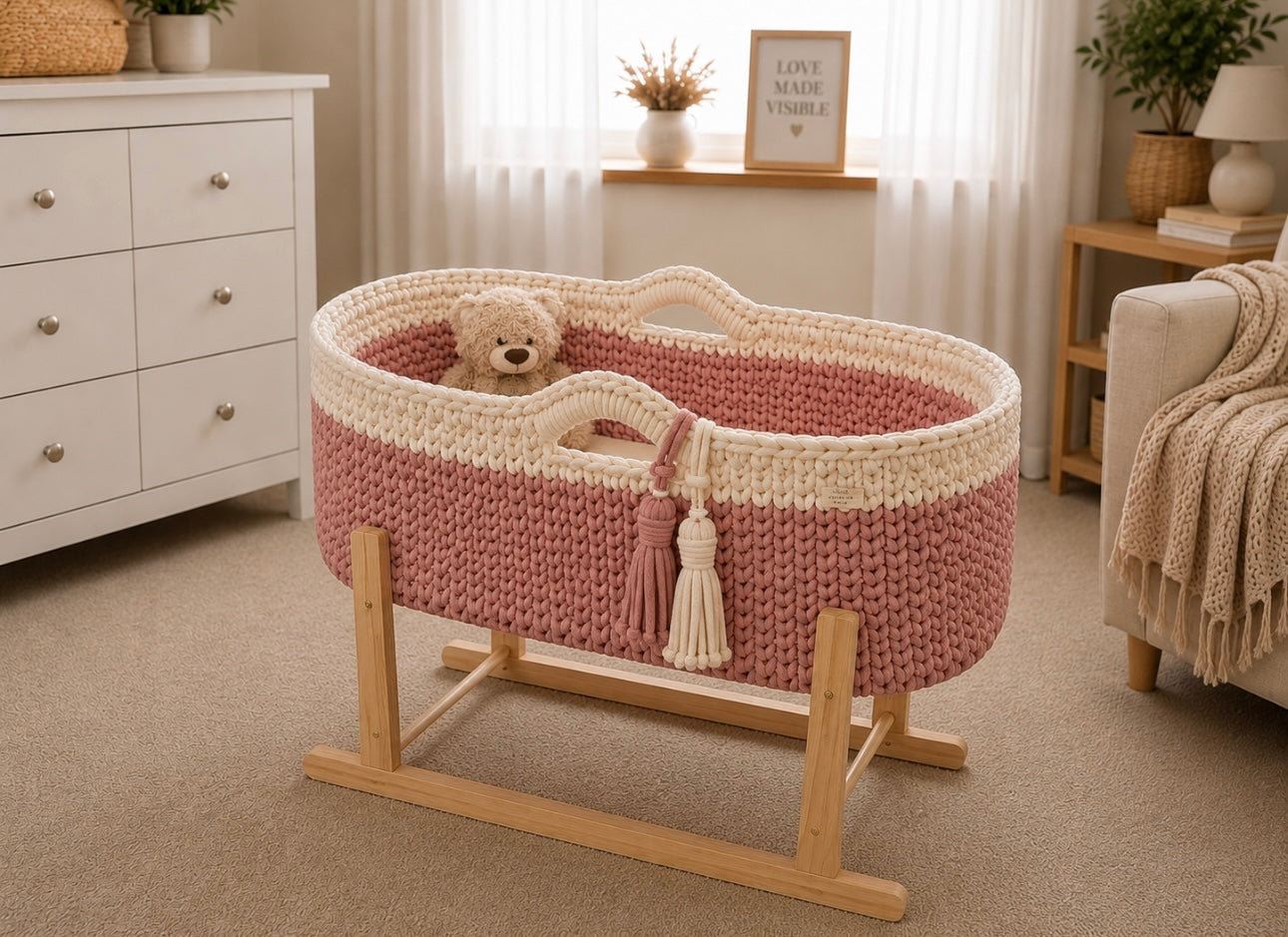 Nursery Essentials -Handcrafted Crochet Moses Basket Set — With Mattress & Stand-Made to order