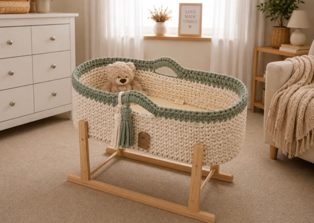 Nursery Essentials -Handcrafted Crochet Moses Basket Set — With Mattress & Stand-Made to order