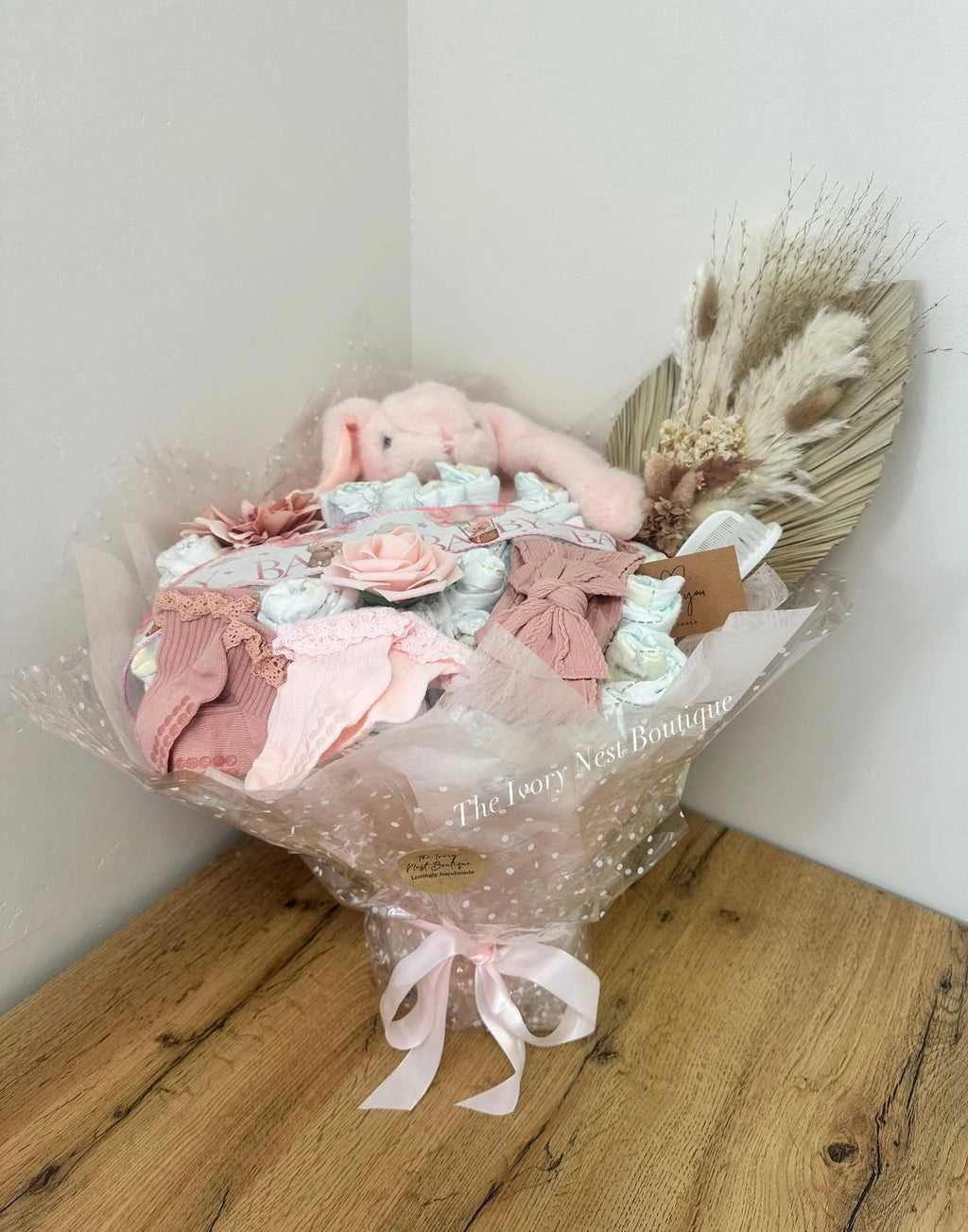 The sweetest welcome  for a new baby girl - Nappy Bouquet & baby essentials