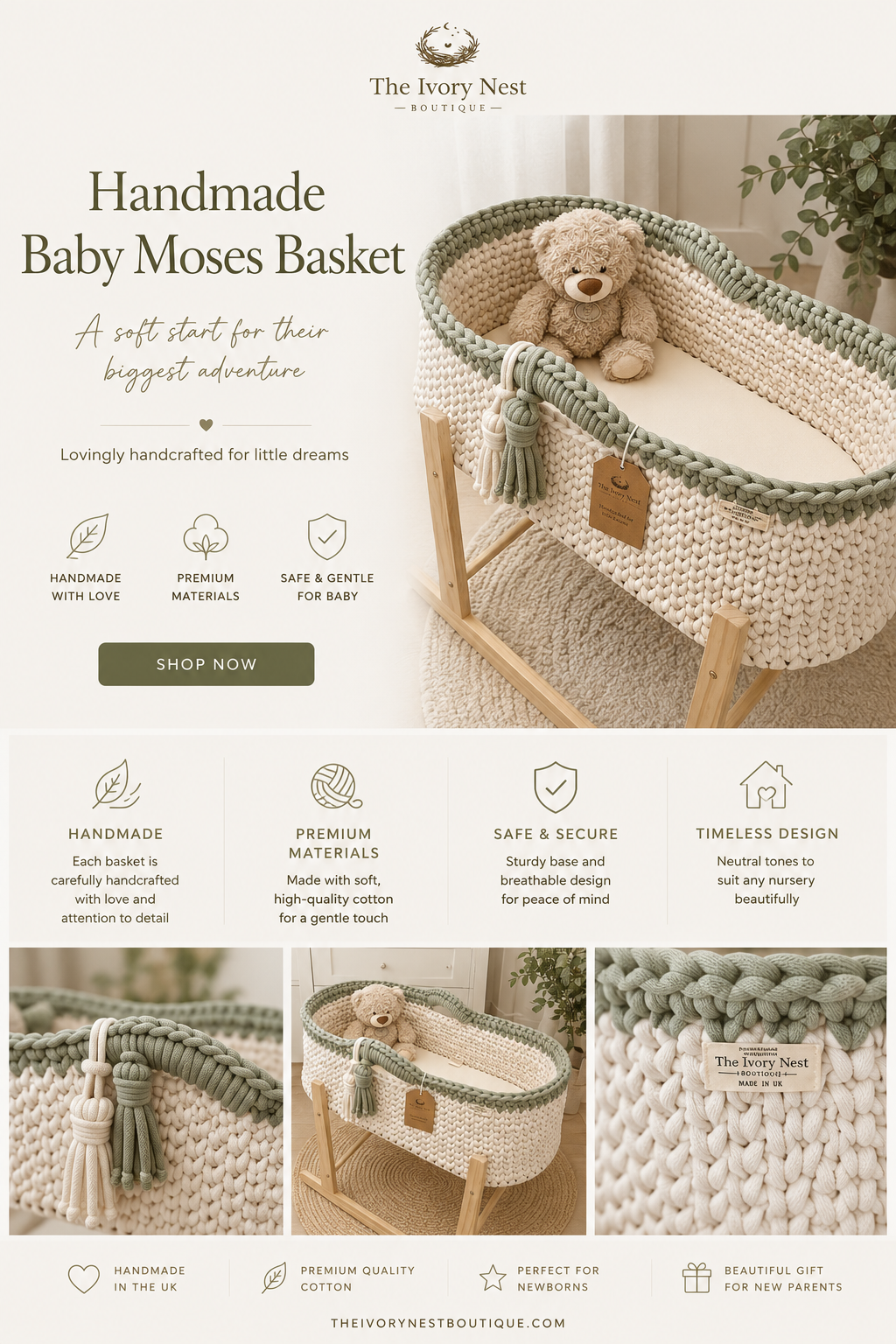 Handmade Luxury Baby Moses Basket 🧺